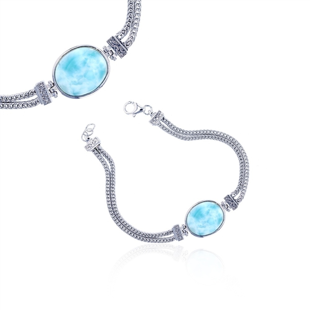 925 Sterling Silver Larimar Oval 2 Strand Toggle Bracelet 8" Toggle 10.99 gm